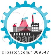 Clipart Of A Flat Design Factory Complex In A Blue Gear Cog Wheel Royalty Free Vector Illustration