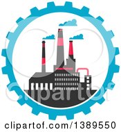Poster, Art Print Of Flat Design Factory Complex In A Blue Gear Cog Wheel
