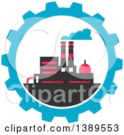 Clipart Of A Flat Design Factory Complex In A Blue Gear Cog Wheel Royalty Free Vector Illustration