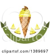 Clipart Of A Waffle Ice Cream Cone With Pineapple Wedges Over A Green Banner Royalty Free Vector Illustration