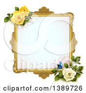 Poster, Art Print Of Blank Wedding Picture Frame With Yellow And White Roses And A Butterfly On White