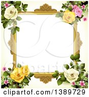 Poster, Art Print Of Blank Wedding Picture Frame With Pink Yellow And White Roses And Blossoms