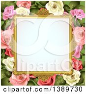 Poster, Art Print Of Blank Wedding Picture Frame With White And Pink Roses With Leaves