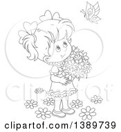 Cartoon Happy Black And White Lineart Girl Holding Flowers And Looking Up At A Butterfly