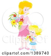 Happy Blond Caucasian Girl And Mother Holding Flowers