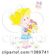 Happy Blond Caucasian Girl Holding Flowers And Looking Up At A Butterfly