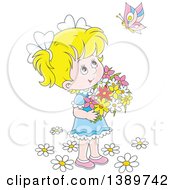Cartoon Happy Blond White Girl Holding Flowers And Looking Up At A Butterfly
