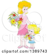Poster, Art Print Of Cartoon Happy Blond White Girl And Mother Holding Flowers