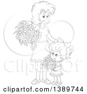 Poster, Art Print Of Cartoon Black And White Lineart Girl And Mother Holding Flowers