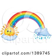 Poster, Art Print Of Happy Sun Character And Rainbow With Rain