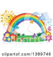Poster, Art Print Of Happy Sun Character Behind A Rainbow Over Flowers With Rain