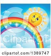 Poster, Art Print Of Happy Sun Character Behind A Rainbow