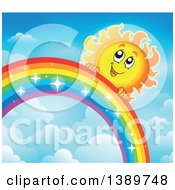 Clipart Of A Happy Sun Character Behind A Rainbow Royalty Free Vector Illustration