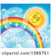 Poster, Art Print Of Happy Sun Character Behind A Rainbow