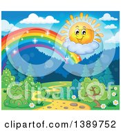Happy Sun Character And Rainbow Over A Landscape