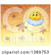Poster, Art Print Of Happy Sun Character Resting On A Cloud In An Orange Sky With Autumn Leaves