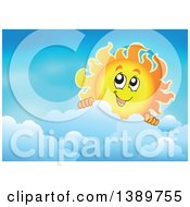 Clipart Of A Happy Sun Character Peeking Over A Cloud In A Blue Sky Royalty Free Vector Illustration