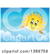 Clipart Of A Happy Sun Character Peeking Over A Cloud In A Blue Sky Royalty Free Vector Illustration