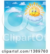 Poster, Art Print Of Happy Sun Character Resting On A Cloud In A Blue Sky