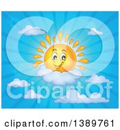Clipart Of A Happy Sun Character Resting On A Cloud In A Blue Sky Royalty Free Vector Illustration