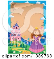 Poster, Art Print Of Fairy Tale Castle And Princess Parchment Scroll Border