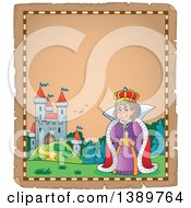 Poster, Art Print Of Happy Queen On An Aged Parchment Page With A Castle And Text Space