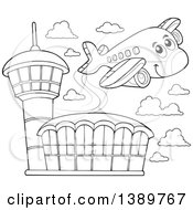 Poster, Art Print Of Black And White Lineart Happy Airplane Character Over An Airport