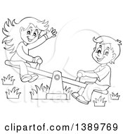 Black And White Lineart Happy Boy And Girl Playing On A See Saw Teeter Totter
