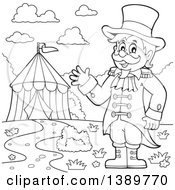 Black And White Lineart Circus Ringmaster Man Waving Near A Big Top Tent