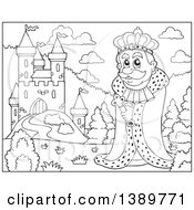 Poster, Art Print Of Black And White Lineart Happy King Near A Castle