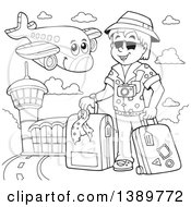 Poster, Art Print Of Black And White Lineart Happy Airplane Character Flying Over A Tourist And Airport