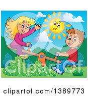 Happy Sun Over A White Boy And Girl Playing On A See Saw Teeter Totter