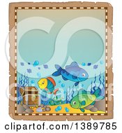 Poster, Art Print Of Aged Parchment Page Border With Marine Fish And Sunken Treasure
