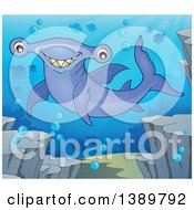 Clipart Of A Happy Hammerhead Shark Underwater Royalty Free Vector Illustration