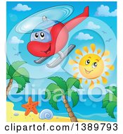 Poster, Art Print Of Cartoon Helicopter And Sun Over A Tropical Beach
