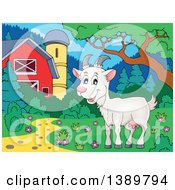 Poster, Art Print Of Cartoon Happy White Goat In A Barnyard