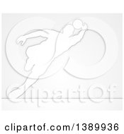 Poster, Art Print Of White Silhouetted Male Soccer Player Goal Keeper In Action Over Gray