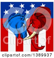 Clipart Of A Political Aggressive Democratic Donkey Or Horse And Republican Elephant Butting Heads Over An American Flag Royalty Free Vector Illustration