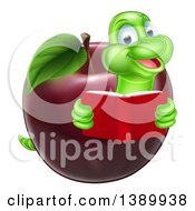 Poster, Art Print Of Cartoon Happy Green Book Worm Reading And Emerging From A Red Apple