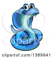 Cartoon Happy Blue Coiled Cobra Snake