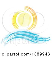 Clipart Of A Watercolor Sun Shining Over Waves Royalty Free Vector Illustration