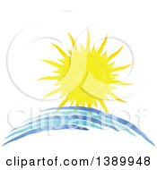 Clipart Of A Watercolor Sun Shining Over Waves Royalty Free Vector Illustration by KJ Pargeter