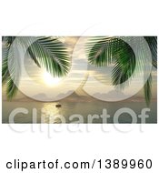 Poster, Art Print Of 3d Yacht In A Bay At Sunset With Palm Trees Framing The Scene