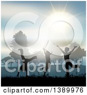Poster, Art Print Of Silhouetted Children Playing In The Country Side Under A Sunny Sky