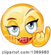 Poster, Art Print Of Cartoon Flirty Female Yellow Smiley Face Emoji Emoticon Gesturing To Come