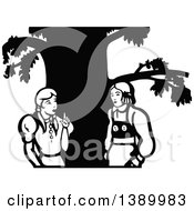 Clipart Of A Vintage Black And White Couple Talking By A Tree Royalty Free Vector Illustration