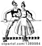 Clipart Of A Vintage Black And White Couple With A Pole And Hearts Royalty Free Vector Illustration