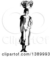 Clipart Of A Vintage Black And White Woman Balancing A Basket Of Plants On Her Head Royalty Free Vector Illustration
