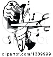 Vintage Black And White Hand Holding A Fish And Cutting With Music Notes