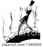 Clipart Of A Vintage Black And White Man Playing A Trumpet Near Houses Royalty Free Vector Illustration